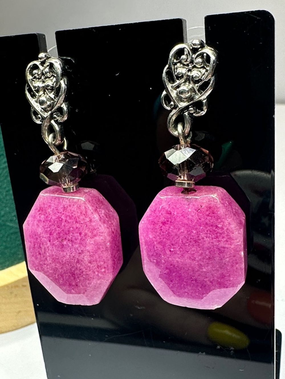 Pink Jade Gemstone Drop Post Back Earrings - Picture 5 of 10